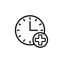 Plus hours vector icon. Extra hour symbol. Overtime clock and plus sign in black and white color.
