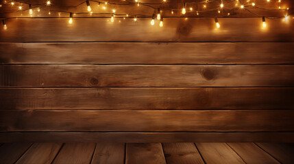 BROWN WOODEN PLANK AND WARM LIGHTS ABOVE
