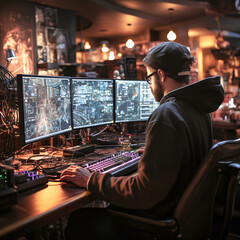 Obraz premium Hacker bei der Arbeit, Computer-Equipment im Wohnzimmer eingerichtet