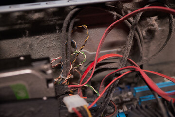 Close-up of a PC cooling system, a dirty radiator from a computer