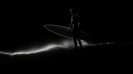 Fototapeta na wymiar Silhouette of surfer , black and white, isolated on black background, empty black background.