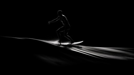 Fototapeta na wymiar Silhouette of surfer , black and white, isolated on black background, empty black background.