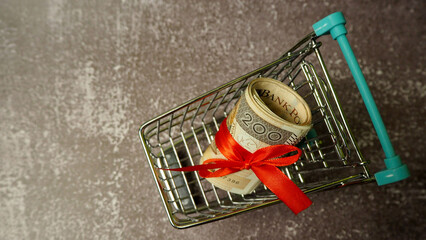 On a gray background there is a stack of 200 zloty bills tied with a red ribbon in a mini shopping cart. view from above. copy space. Polish currency. economy