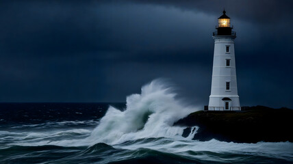 Dramatic lighthouse enduring a raging hurricane during twilight hour. Swirling winds and crashing waves batter the structure, creating a heart-pounding shot capturing nature's wrath and adversity.