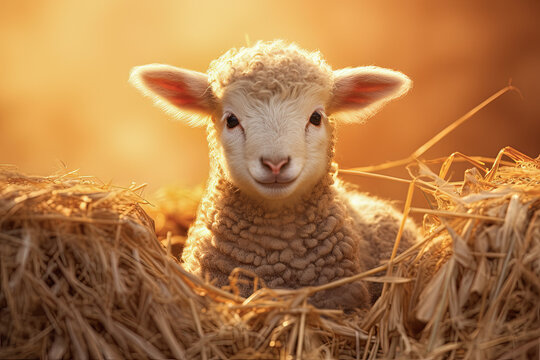 cordero reci&eacute;n nacido tumbado entre la paja  en un establo, sobre fondo de atardecer dorado 