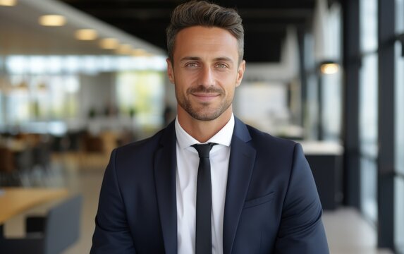 Portrait of a 30 year old smiling businessman standing in a modern office and looking at the camera