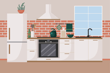 Modern kitchen interior in light colors. Interior design vector illustration.