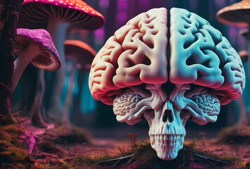 Psychology brain and skull next to magic mushrooms - obrazy, fototapety, plakaty
