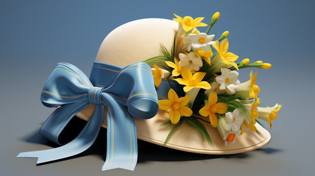 easter bonnet with pastel ribbons beside a daffodil bouquet
