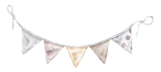 Carnival hanging garland with flags Happy Birthday Watercolor. Hand drawn collection in cute pastel gentle light colors on isolated background. Minimal Illustration element for celebration and party