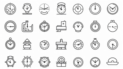 Time, date and address concept editable stroke outline icons set isolated on white background flat vector illustration. - obrazy, fototapety, plakaty