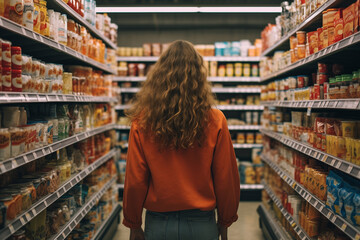 Fototapeta premium A woman comparing products in a grocery store. problematic global economy. food economy