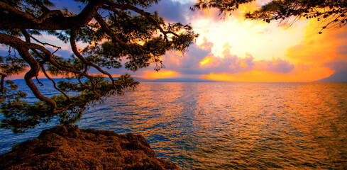 Brela resort, Makarska riviera, Dalmatia, Croatia, Europe, amazing sunset view