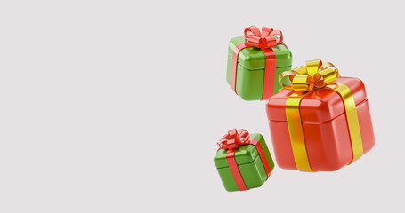 Gift boxes isolated on background. Merry Christmas banner. Red and green boxes floating with golden ribbons. 3d render illustration