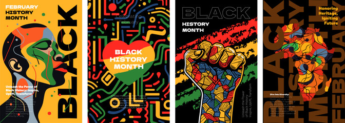 Black History Month abstract graphic poster set. African American rights and freedom celebrate in February. Creative placard with fist. Art design Africa and man on colorful print. Vector eps banners