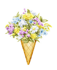 Bouquet with variety of wild flowers in floral waffle cone isolated on white background. Watercolor hand drawn illustration sketch