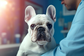 Medicine, pet care and people concept. close up of french bulldog dog and veterinarian doctor at vet clinic.