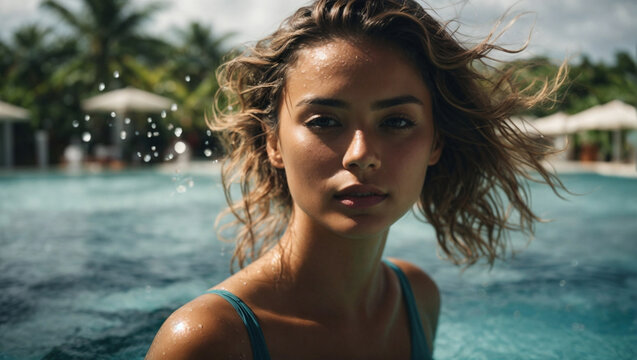 Bella donna sorridente in una piscina in un centro termale con spruzzi di acqua e gocce n un resort nei mari tropicali