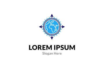 World earth logo with compass symbol, cardinal directions blue flat illustration design style
