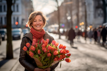 happy middle-aged woman with a bouquet of tulips walks along city street. - obrazy, fototapety, plakaty