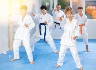 Focused teenage boy with group of karate practitioners wearing white kimonos diligently performing...