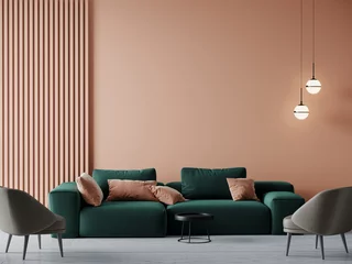 Poster Livingroom in trend peach fuzz interior color 2024 year. A pastel wall accent paint background. Peach green emerald of room interior design. Apricot salmon luxury scene and pillows. 3d render © Viktoriia