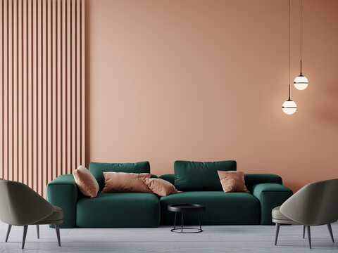 Livingroom in trend peach fuzz interior color 2024 year. A pastel wall accent paint background. Peach green emerald of room interior design. Apricot salmon luxury scene and pillows. 3d render