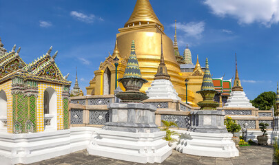 Scenic golden temple of emerald buddha Wat Phra Kaew in Bangkok.