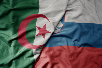 big waving national colorful flag of slovenia and national flag of algeria .
