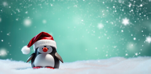 cute penguin wearing santas hat christmas background