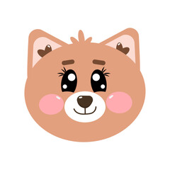 Cartoon kawaii cute cat, kitty, kitten brown face, head for children isolated on white background. Vector cartoon illustration for baby, kids, children