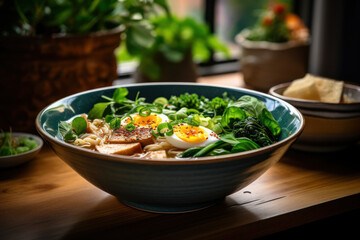 A person enjoying a warm bowl of vegan ramen with miso broth, tofu, and bok choy. Concept of a comforting and plant-based noodle soup. Generative Ai.