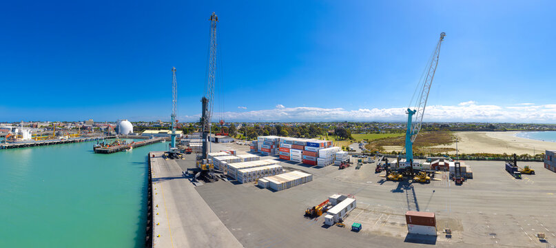 Timaru, New Zealand, 26 September, 2023: New Zealand, Timaru industrial port with ships and containers