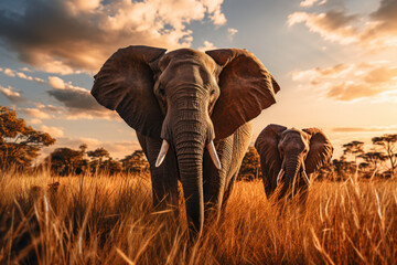 Majestic elephants roaming freely in the vast savannah, embodying the untamed beauty of wildlife in their natural habitat. Concept of wildlife conservation and habitat preservation. Generative Ai.