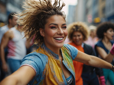 Mujer joven disfrutando de un momento de alegr&iacute;a y diversi&oacute;n en la ciudad