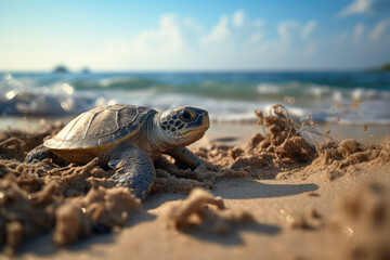 A serene scene of a turtle laying eggs on a sandy beach, underlining the cyclical and fragile nature of certain species' life cycles.  Generative Ai.