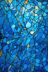 Whimsical patterns resembling blue stained glass background