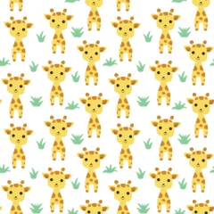 Papier Peint photo Des jouets Giraffe seamless pattern. Giraffe and grass repeat on white background. Cartoon style. Color vector illustration.