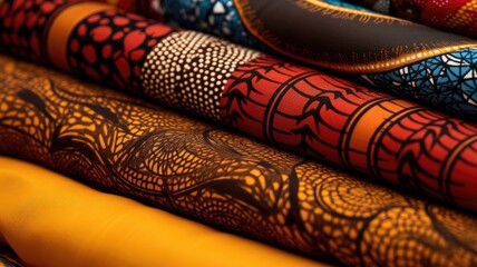 Rolled African wax print fabrics showcasing intricate patterns - obrazy, fototapety, plakaty