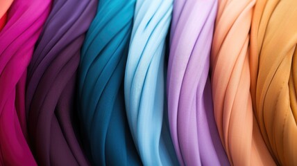 Assorted colorful fabric rolls arranged side by side