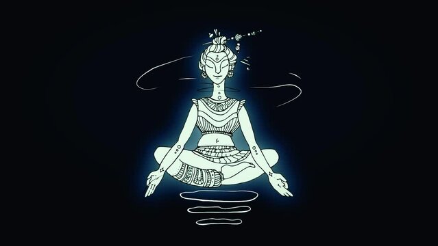 Abstract, glowing, flying up and down Buddha in lotus position on dark blue background. Line illustration of soaring Buddha, Buddhism religion, wellness, yoga concept.