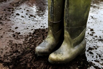 farmer's wet and dirty boots after rain.