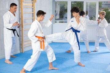 Sportive children wearing kimono working in pair mastering new karate moves during group class in...