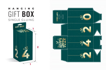Happy New Year 2024 Hanging Gift Box Double Height Die Cut Template with 3D Preview - Blueprint Layout with Cutting and Scoring Lines over Glossy Lettering on Green - Packaging Design