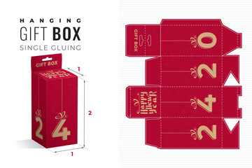 Happy New Year 2024 Hanging Gift Box Double Height Die Cut Template with 3D Preview - Blueprint Layout with Cutting and Scoring Lines over Gold Lettering on Red - Packaging Design