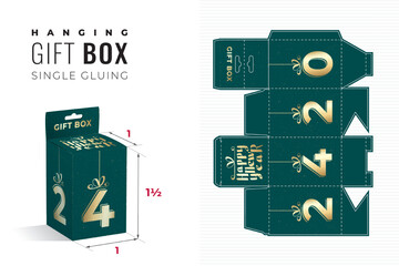 Happy New Year 2024 Hanging Gift Box One and Half Height Die Cut Template with Preview - Blueprint Layout with Cutting and Scoring Lines over Glossy Lettering on Green - Packaging Design