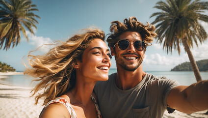 Fototapeta premium portrait of a couple of lovers on the seashore, summer, sun, beach