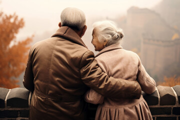 Reflective Senior Couple Overlooking a Foggy Autumn Landscape on Great Wall of China