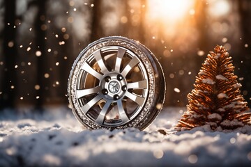 a car wheel on the background of a winter snow-covered forest with Christmas tree, beautiful landscape, a concept of traffic safety on a slippery road