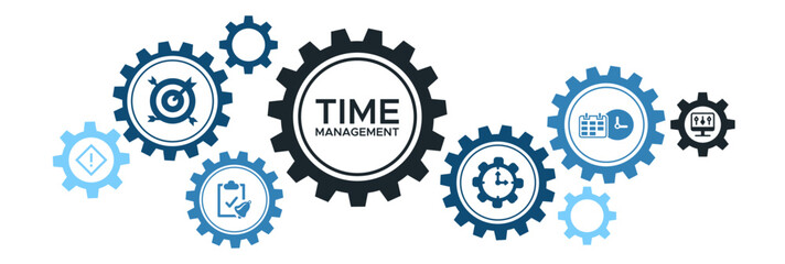 Banner time management vector illustration concept with English keywords and icon of objective priority schedule reminder efficiency alerts and controlling.